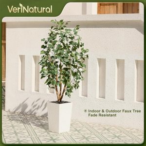 5ft Artificial Ficus Tree,Tall Faux Tree with Pebbles & Planter UV Resistant Potted Fake Plant with Silk Leaves & Real Wood Trunk,Indoor Outdoor Floor Plant for Home,Living Room